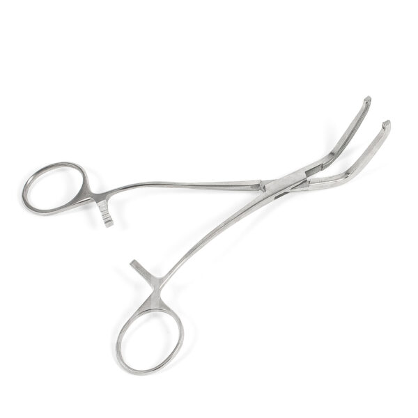 Зажим с кремальерой для временного пережатия сосудов изогнутый по плоскости под углом 120? 155мм 3-64 ТП арт.301-3