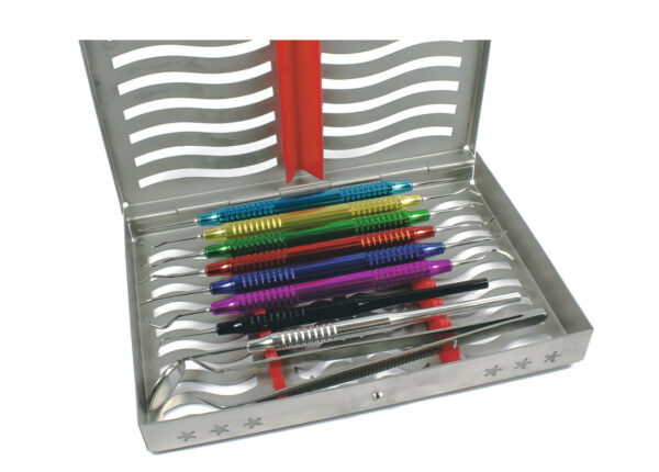 Набор инструментов из 9 предметов для снятия зубных отложений с полыми внутри металлическими ручками в стерилизаторе 9000-3ш ЮП/